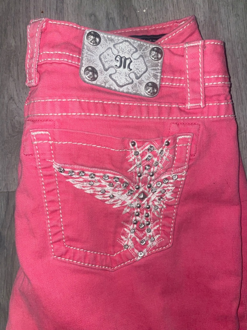 Miss Me Pink Skinny Jeans with Rhinestone Wing/ Cross Embellishment Size 30